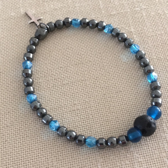 Hand Crafted Hematite Stretch Bracelet Lava Stone Blue Vintage Glass Beads - Picture 2 of 4